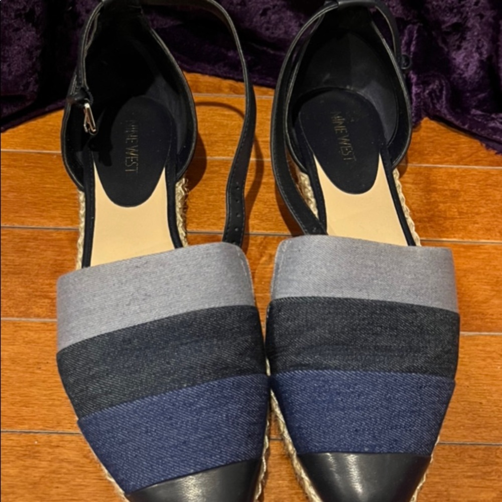 Nine West denim/leather flat with buckle strap. Super cute. Gently worn